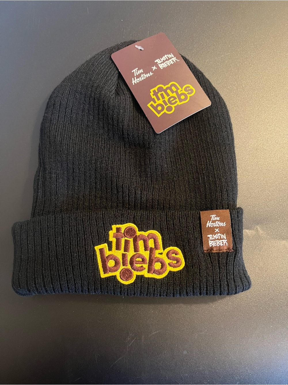 🇨🇦 NWT Tim Hortons x Justin Bieber Timbiebs Black Knit Beanie Toque Hat OS